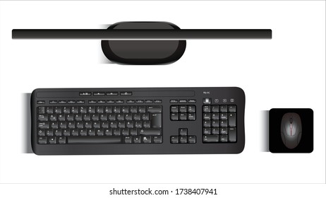 Realistic vector of a monitor, keyboard and mouse seen from top