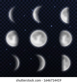 Realistic vector moon phases set on transparent background.