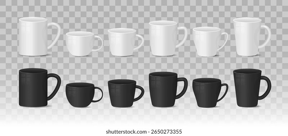 Realistic vector mug with handle mock design tea coffee takeaway iron or plastic cup identity background label corporate drink picture logo image office brand white black ceramic water hot object

