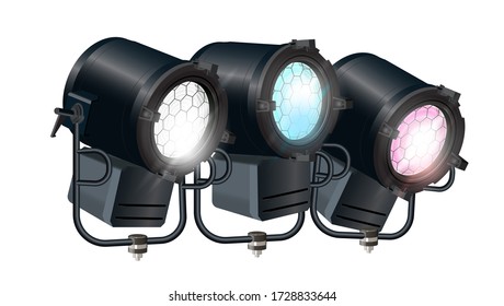 Luces de inundación multicolores vectoriales realistas, focos de atención, luces de estudio. Luces especiales aisladas de fondo blanco. Vector fotorealista
