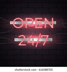Realistic vector neon sign. Open 24 hours 7 days a week (24/7). Illustration of glowing neon letters on brick wall. Retro style, light effects.
