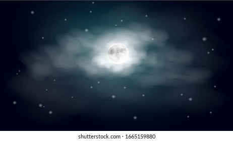 realistic vector night sky with full moon enveloped by clouds glowing from its glow against the backdrop of the stars