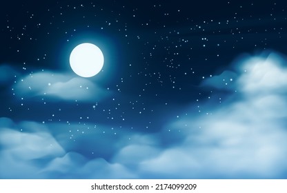 Realistic vector night sky with full moon and clouds