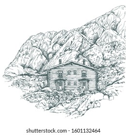 Realistic vector northen mountain view with traditional log house.
