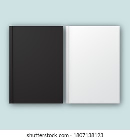 Realistic vector notebook set of black and white, Mock up of book black and white blank cover, Closed vertical book

