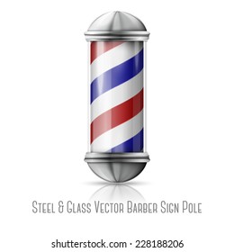 Realistic vector - old fashioned vintage silver and glass barber shop pole with red, blue and white stripes. Isolated on white background with reflection, for design and branding. Vector