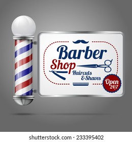 Realistic vector - old fashioned vintage silver and glass barber shop pole with Barber Sign. Isolated on grey background, for design and branding.