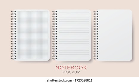Realistic vector opened notebook mockups set. Vertical blank copybook. Spiral notepad blank mockup A4. 