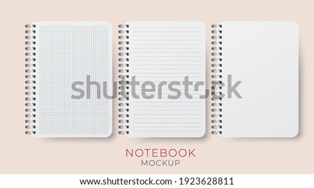 Realistic vector opened notebook mockups set. Vertical blank copybook. Spiral notepad blank mockup A4. 