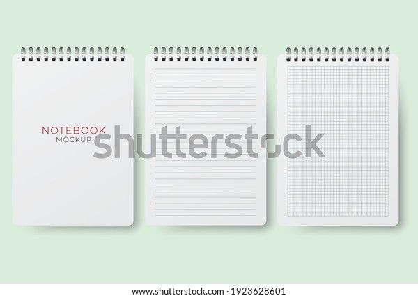 Realistic vector opened\
notebook mockups set. Vertical blank copybook. Spiral notepad blank\
mockup A4. 