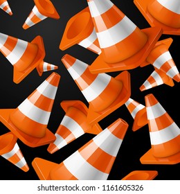 Realistic vector - orange falling road cones with stripes on black background.
