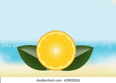 realistic vector orange and the leaves on the background of the beach. a drop of water. condensate