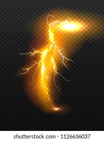 Realistic vector orange lightning on checkered background. Bright, electric lightning.