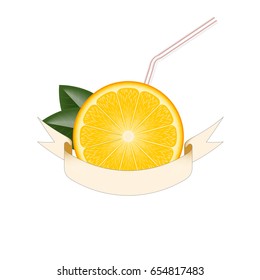 realistic vector orange slice with green leaves and flowing ribbon. a tube for juice. isolated on white background