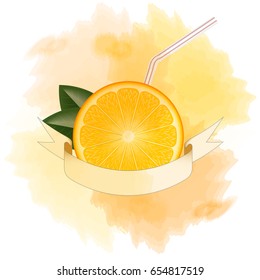 realistic vector orange slice and ribbon. a tube for juice. watercolor stains in the background