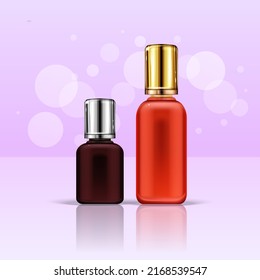 Realistic vector package of glass volumetric mockups of a perfume bottle