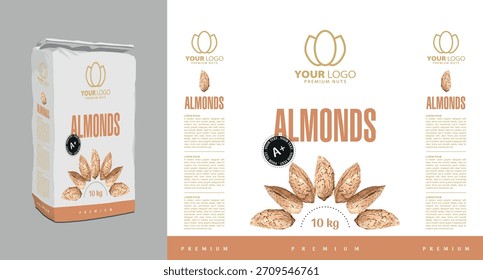 Maqueta de empaquetado de Vector realista con almendras. Ilustraciones detalladas de tuercas, diseño limpio y diseño moderno de bolsa de alimentos perfecto para la marca, presentación de productos, empaque de refrigerios y comercial 