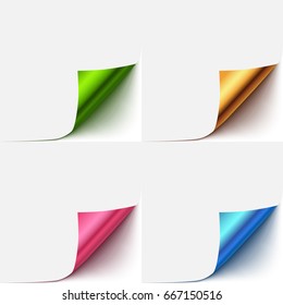 Realistic vector paper curled corner set. Colorful paper flip over