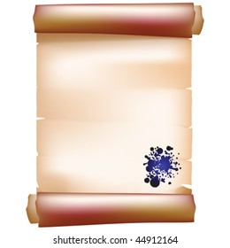 Realistic vector paper scroll with ink spots and room for text