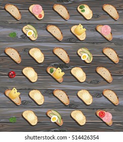 realistic vector pattern of bread and sandwich on wooden table