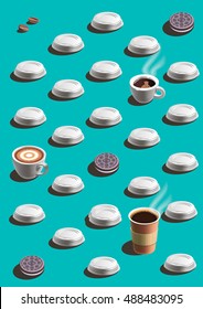 realistic vector pattern of coffee to go and cookies