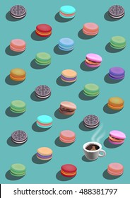 realistic vector pattern of sweets baking, coffee, macaroons, cookies and biscuits 