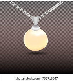 Realistic vector pearl, pendant with a silver chain isolated on transparent background