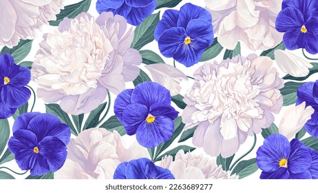 Realistic vector peonies and blue Pansies, desktop wallpaper for computers. Highly detailed spring flowers with leaves and petals for your design, posters and social media banners, clothing prints