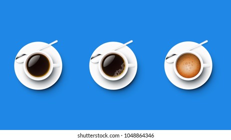 Realistic Vector Perfect Cups of Coffee. Americano, Espresso, Black Coffee. Isolated On Blue Background Modern Illustration.