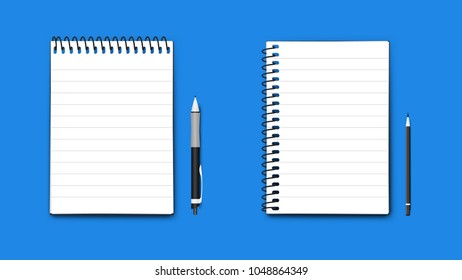 Realistic Vector Perfect Paper A4 Size Notebooks, Horizontal And Vertical With Pen And Pencil. Isolated On Blue Background Modern Illustration.