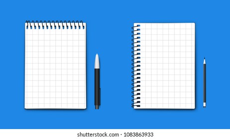 Realistic Vector Perfect Paper A4 Size Notebooks, Horizontal And Vertical With Pen And Pencil. Isolated On Blue Background Modern Illustration.