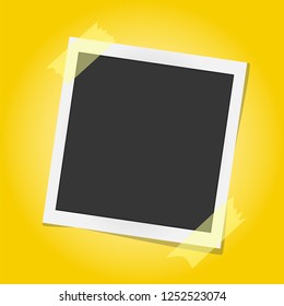 Realistic vector photo frame on sticky tape isolated on yellow background. Template photo design. Vector illustration