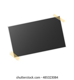 Realistic vector photo frame on sticky tape on white background. Template photo design. Vector illustration