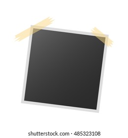 Realistic vector photo frame on sticky tape on white background. Template photo design. Vector illustration
