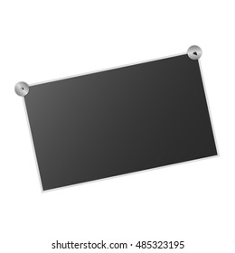 Realistic vector photo frame on pin isolated on white background. Template photo design. Vector illustration