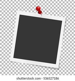 Realistic vector photo frame on red pin. Template photo design, Vector illustration