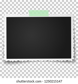 Realistic vector photo frame with retro figured edges on sticky tape placed horizontally. Template photo design.