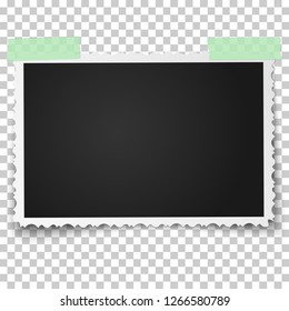 Realistic vector photo frame with retro figured edges on sticky tape placed horizontally. Template photo design.