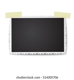 Realistic vector photo frame with retro figured edges and soft shadow on two pieces of sticky, adhesive tape. Isolated on white background. Template photo design.