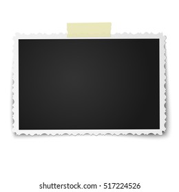 Realistic vector photo frame with retro figured edges on piece of sticky, adhesive tape placed vertically isolated on white background. Template photo design.