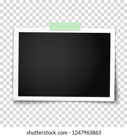 Realistic vector photo frame with straight edges on sticky tape placed horizontally. Template photo design.