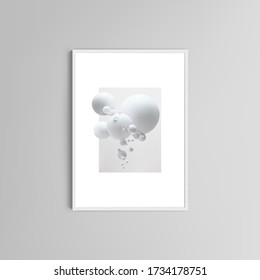 Realistic vector picture A4 frame isolated on gray background. Gray color bubbles. Abstract composition with 3d balls, spheres. Realistic vector illustration for banner, brochure, flyer, poster design