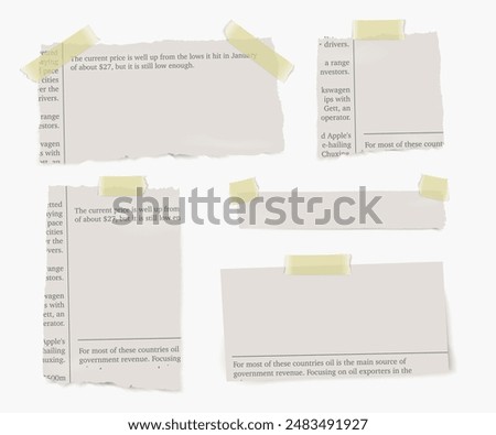 Realistic vector pieces of newspaper with yellow adhesive tape on transparent background.