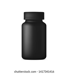 Realistic vector pill bottle. Black plastic medicine container for drugs. Sport, health and nutritional supplements. Mock up template.