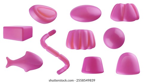 Realistic vector pink gelatin food various form isolated on white background. Jelly, marmalade dessert or gum candy in bright cartoon style.