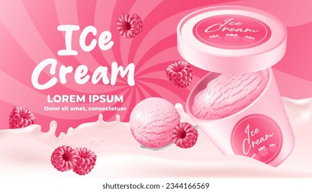 Realistic vector of a pink ice cream in a 3D mockup bucket with the raised lid. Spoon with ice cream ball. Raspberry flavor. Banner for advertisement sweet food. Liquid background