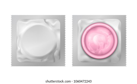 Realistic vector pink latex condoms in close up packing on white background. Contraceptive birth control and safe sex method.