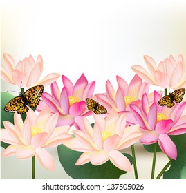 Realistic vector pink lotus flowers on white background for design