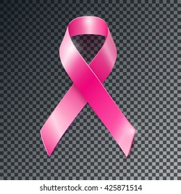 Realistic vector pink ribbon, breast cancer awareness symbol, isolated on transparent background.