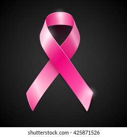 Realistic vector pink ribbon, breast cancer awareness symbol, isolated on black.